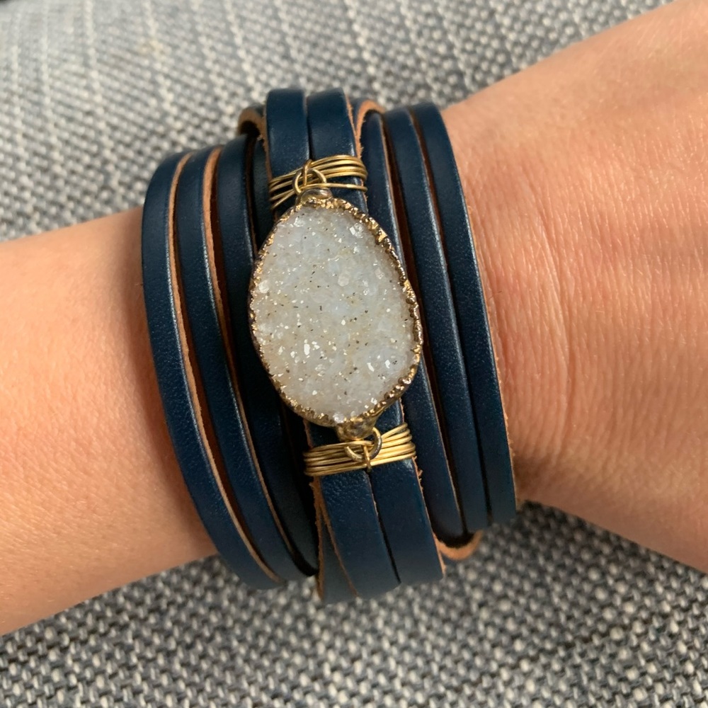 New navy cuff leather bracelet with druzy stone